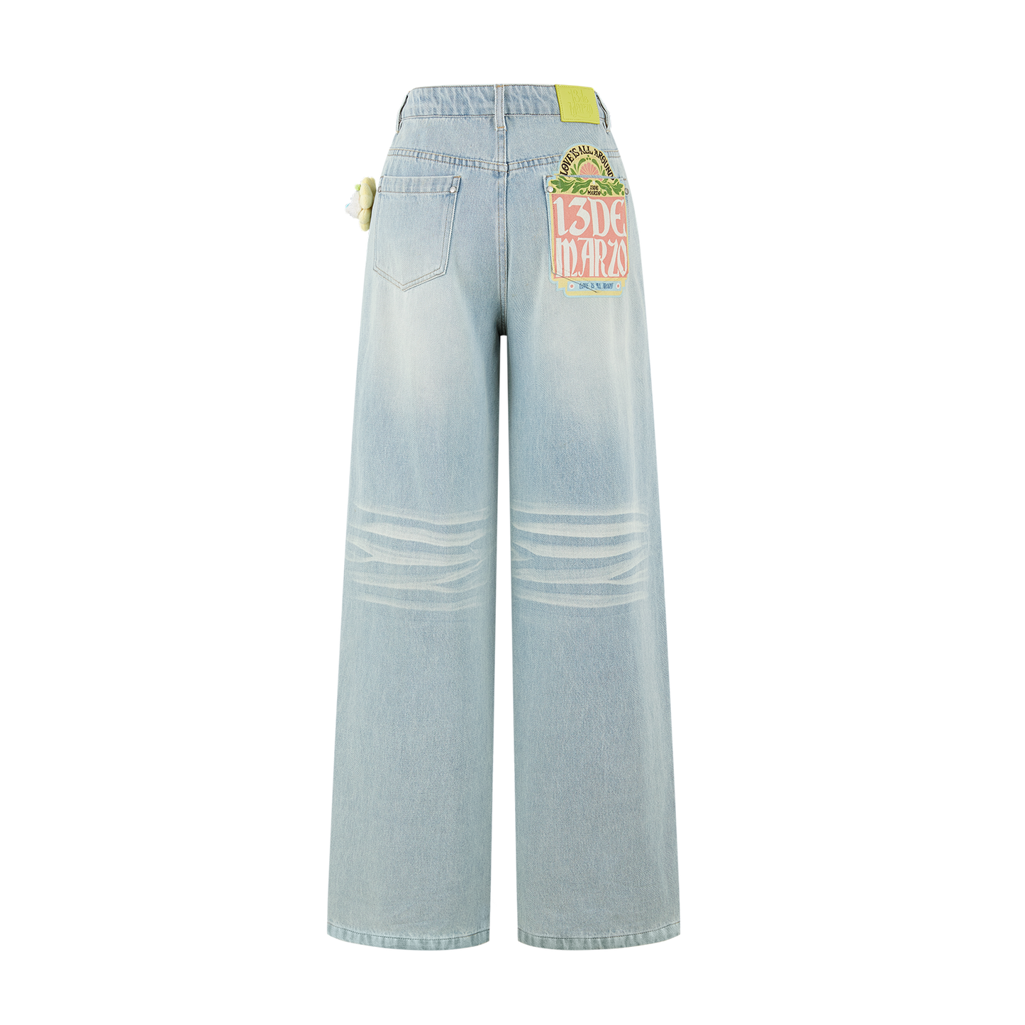 13DE MARZO Floral Bear Pocket Print Jeans Blue
