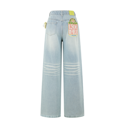 13DE MARZO Floral Bear Pocket Print Jeans Blue
