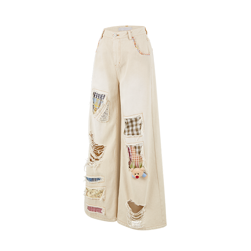 13DE MARZO Ripped Check Wide-Leg Trousers Beige