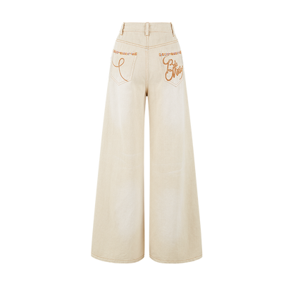 13DE MARZO Ripped Check Wide-Leg Trousers Beige