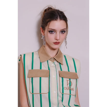 DIANA VEVINA Color Blocked Shoulder Pad Striped Top