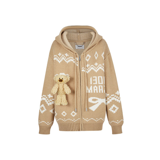 13DE MARZO Fair Isle Bear Zip Knit Hoodie Khaki