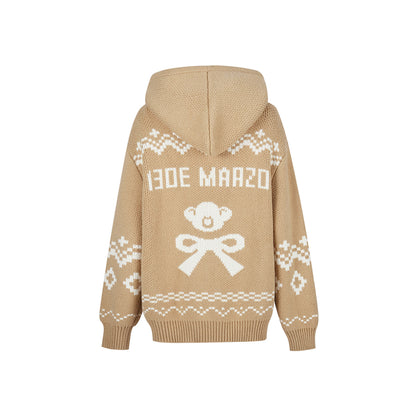 13DE MARZO Fair Isle Bear Zip Knit Hoodie Khaki