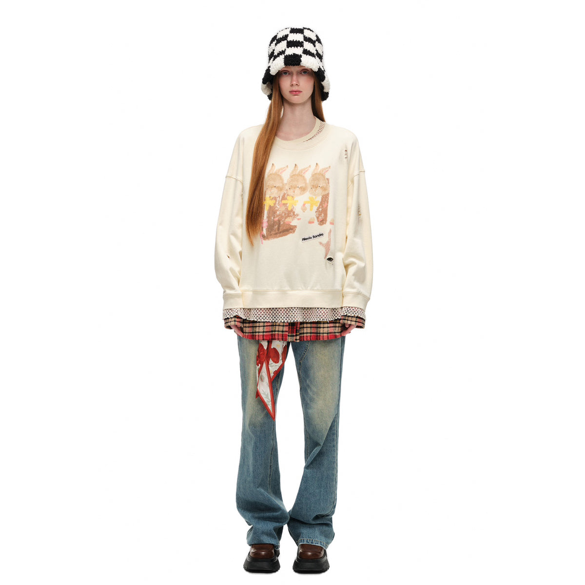 Alexia Sandra Three Rabbit Printed Fake-2-Piece Distressed Sweater White