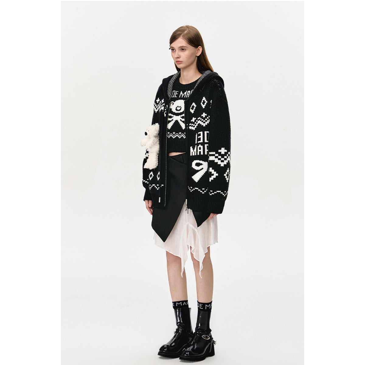 13DE MARZO Fair Isle Bear Zip Knit Hoodie Black