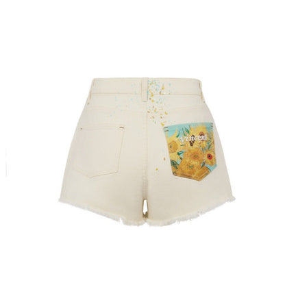 13DE MARZO Van Gogh Masterpiece Denim Shorts Snow White