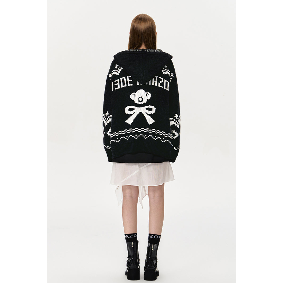 13DE MARZO Fair Isle Bear Zip Knit Hoodie Black