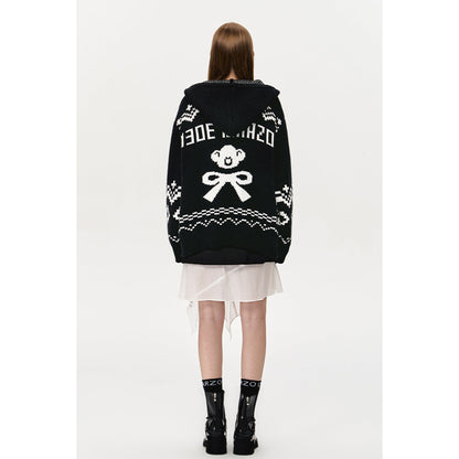 13DE MARZO Fair Isle Bear Zip Knit Hoodie Black