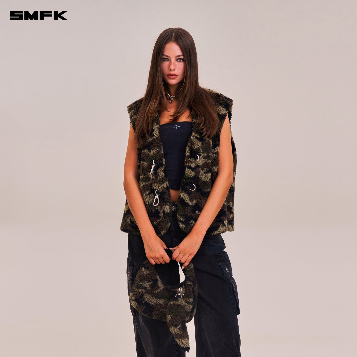 SMFK Compass Cobble Wool Jacquard Camo Furry Bag Small Army Green Camouflage