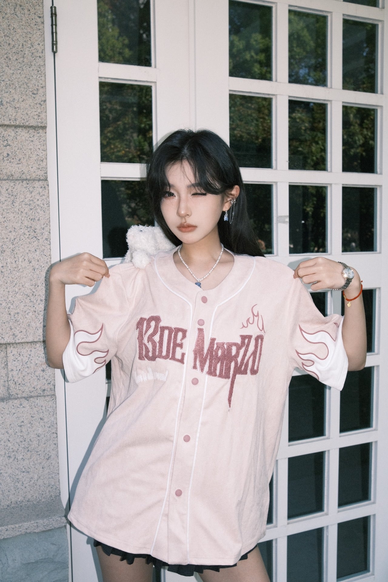 13DE MARZO Flame Baseball Shirt Mauve Chalk