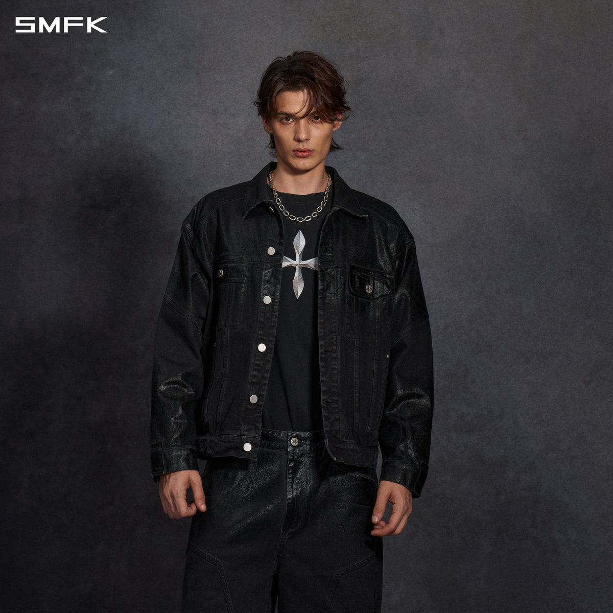 SMFK Vintage Storm Fade Wax Loose Denim Jacket Fade Denim+Wax U Wax Black