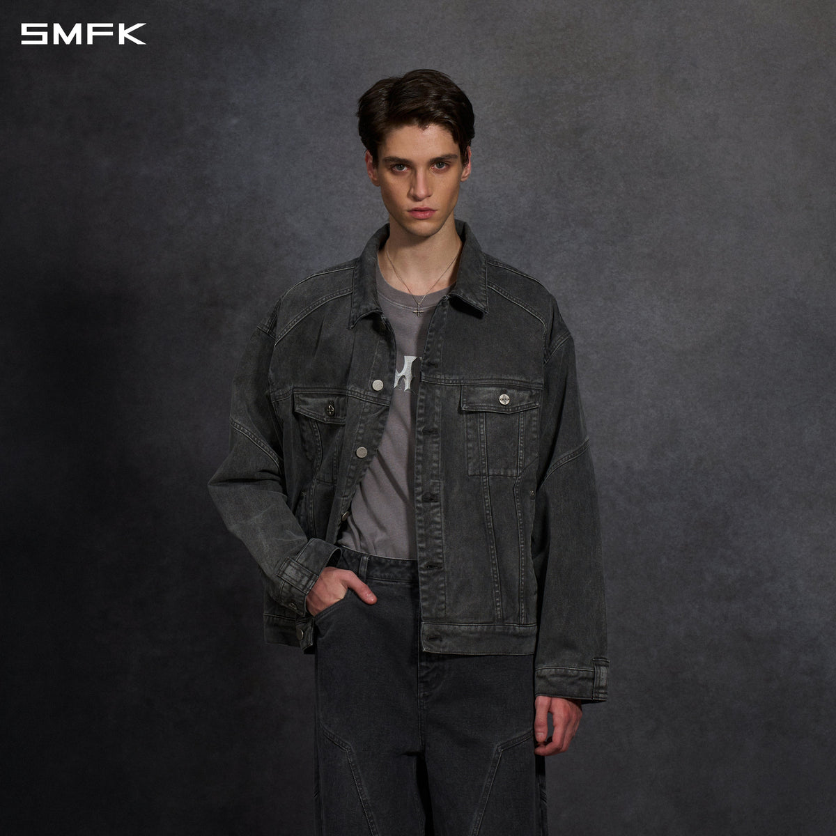 SMFK Vintage Storm Fade Loose Denim Jacket Fade Denim U Fade Ash