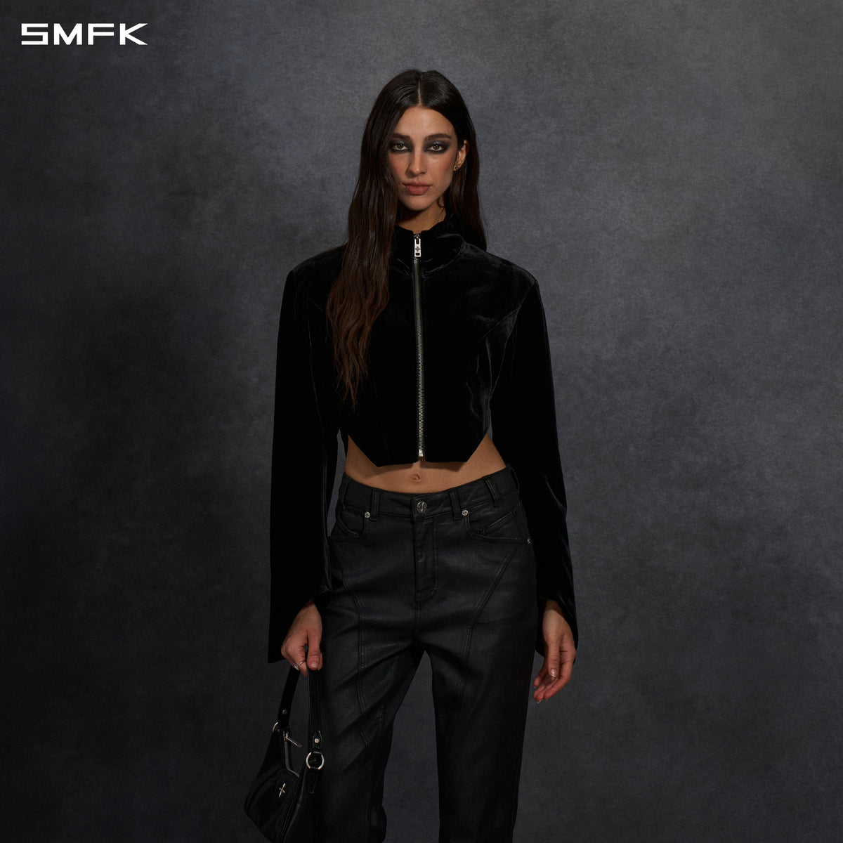 SMFK Myth Aeolus Symmetry Cut Velvet Cargo Jacket Silk Velvet Black Velvet