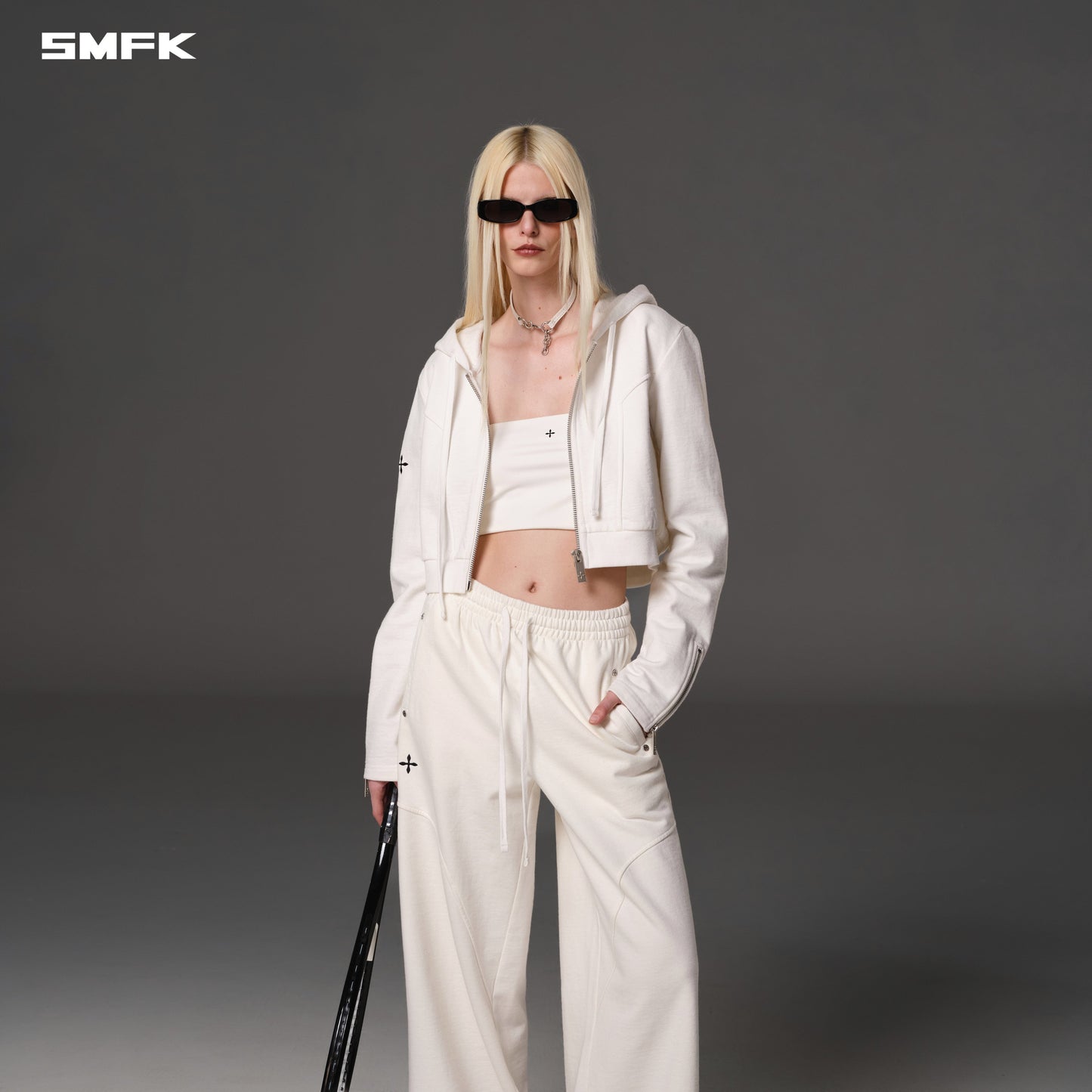 SMFK Permanent Slim Short Hoodie Cotton Wool Cloud White