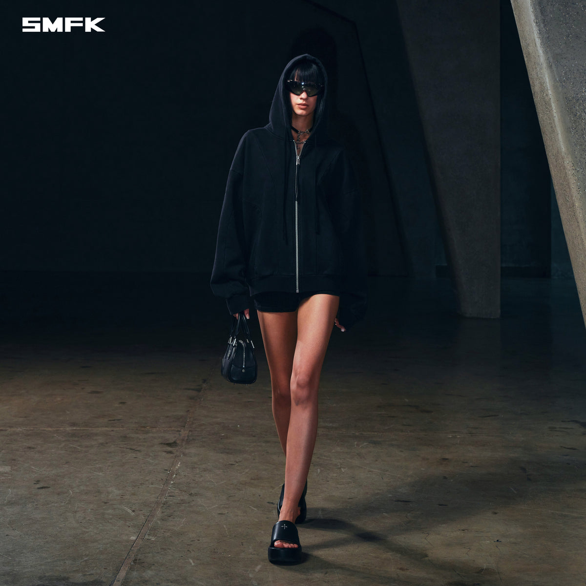 SMFK Vintage Muse Loose Zipper Sports Hoodie Cotton Vanish Black
