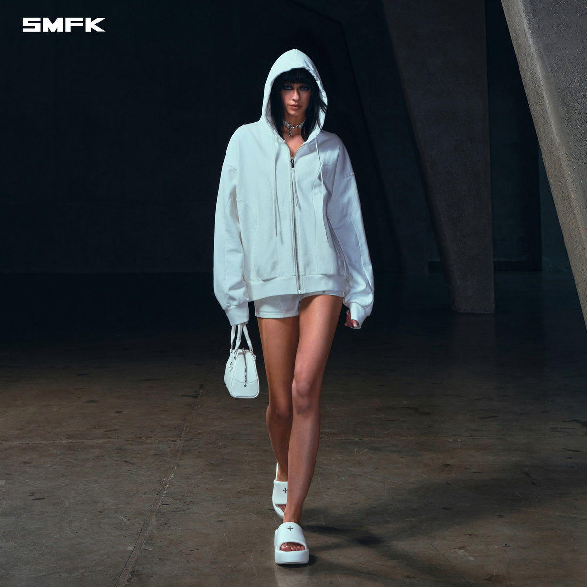 SMFK Vintage Muse Loose Zipper Sports Hoodie Cotton Cloud White