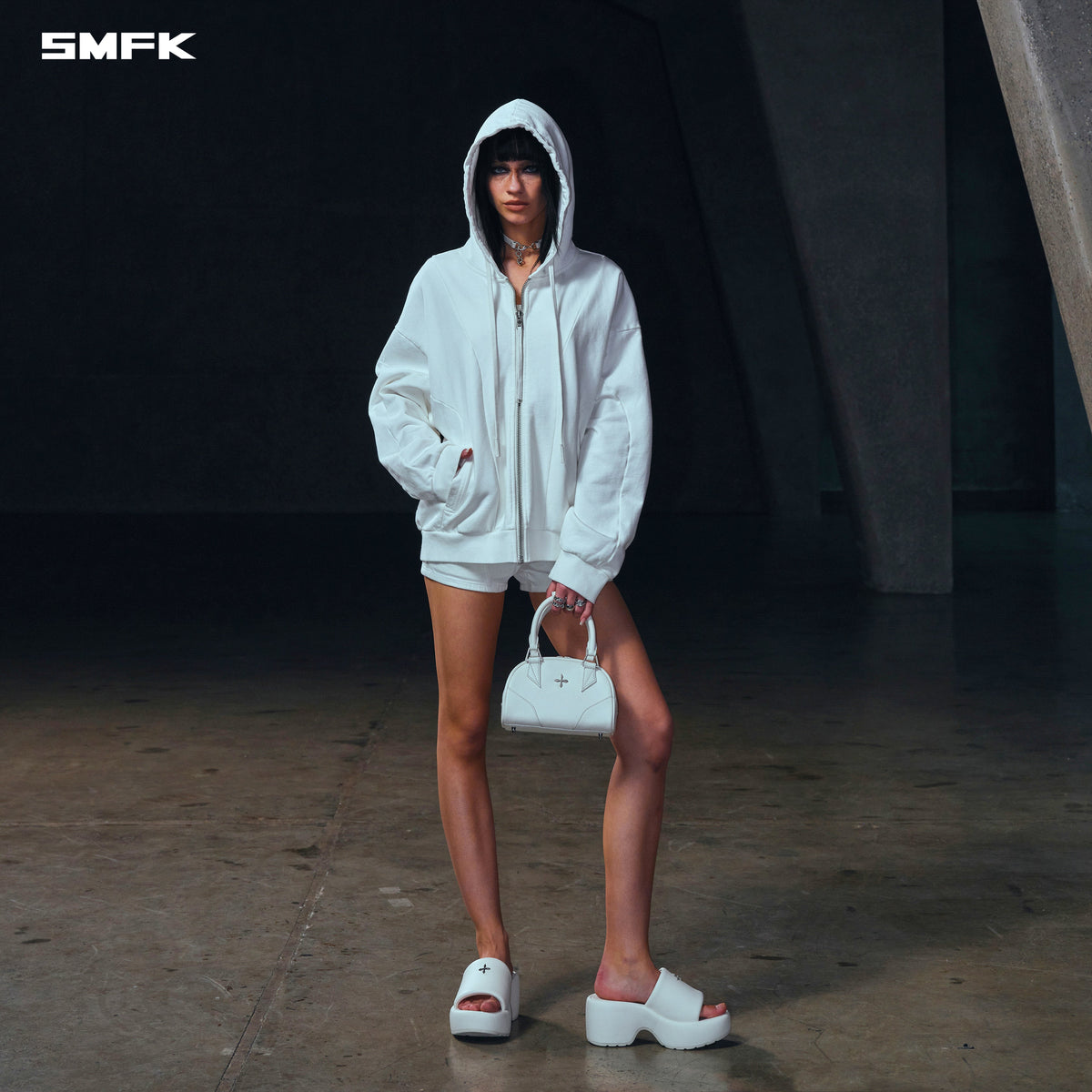 SMFK Vintage Muse Loose Zipper Sports Hoodie Cotton Cloud White