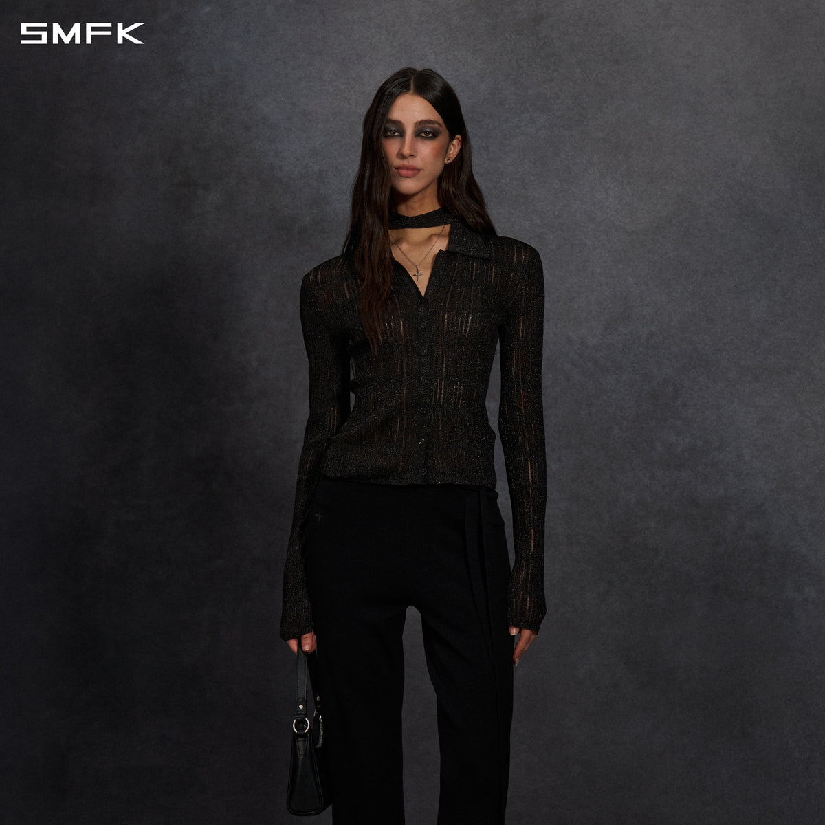 SMFK Myth Siren Aurora Evening Slim Knit Shirt Metallic Yarn Aurora Black