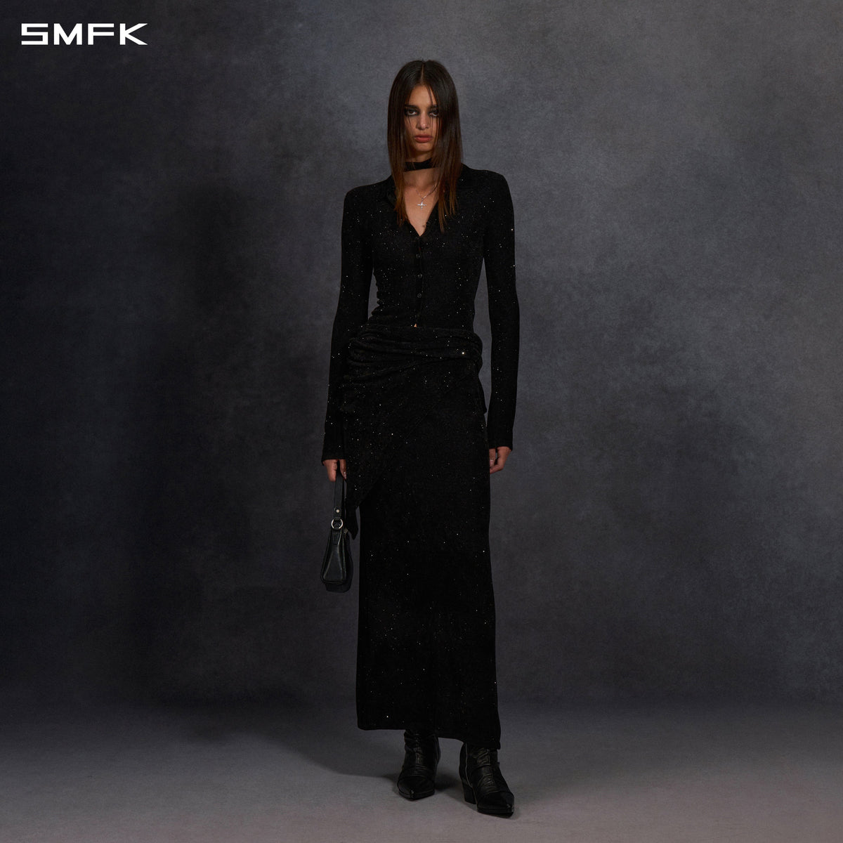 SMFK Myth Siren Galaxy Evening Slim Knit Shirt Starry Velvet Galaxy Black