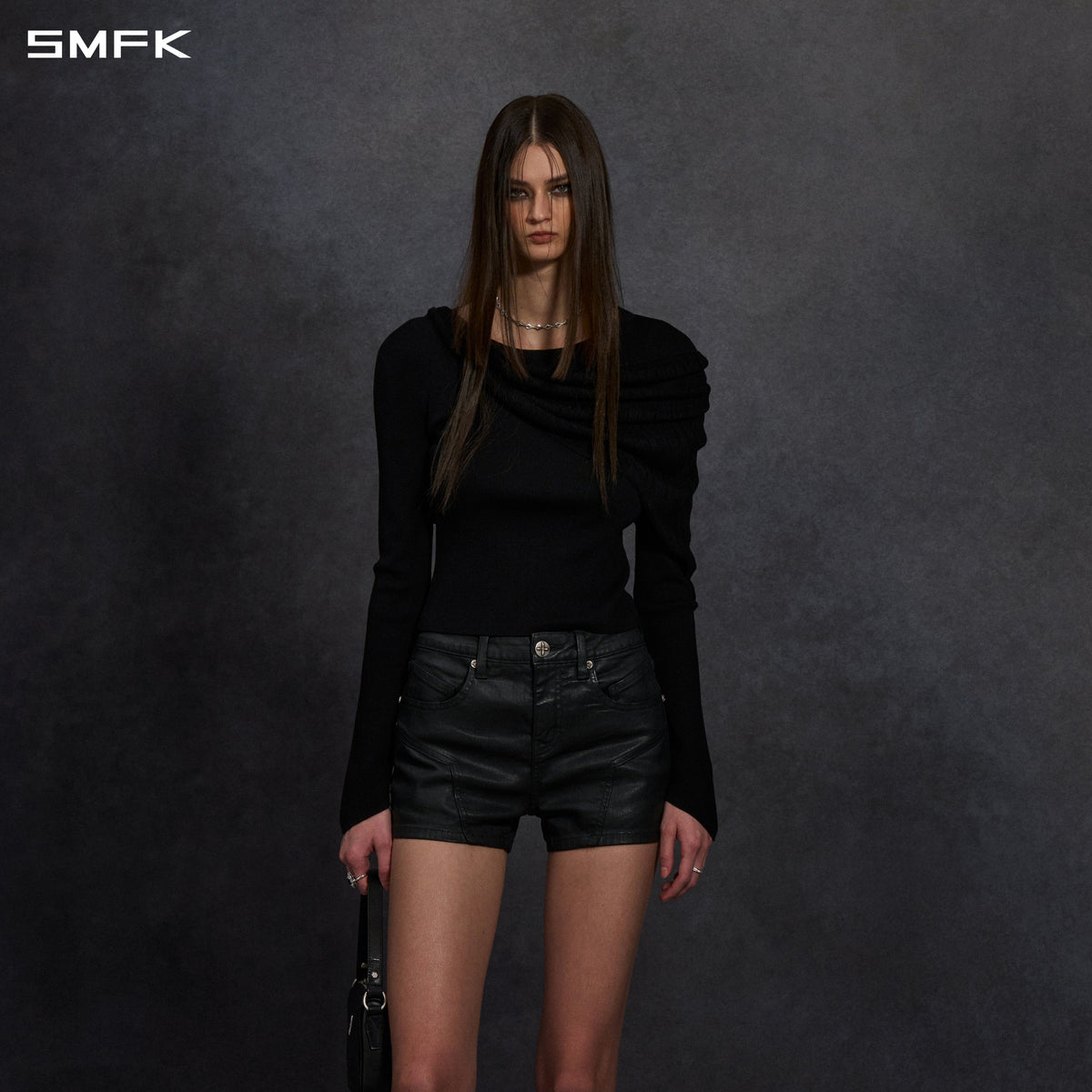SMFK Myth Siren Aurora Evening Stylist Slim Knit Shirt Lenzing Tencel+Silk+Cotton Wild Black