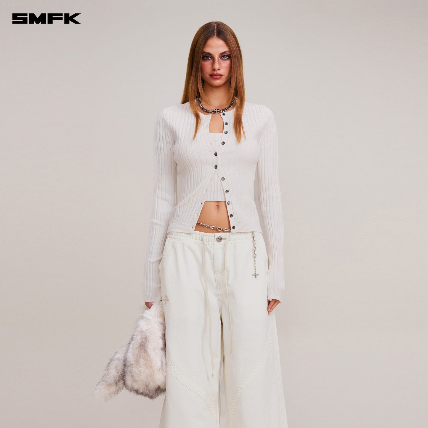 SMFK Vintage-Savage Knit Cardigan/Stone Wash Snow Mountain White
