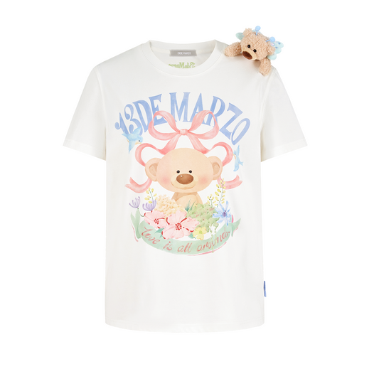 13DE MARZO Floral Bear Illustration T-Shirt White