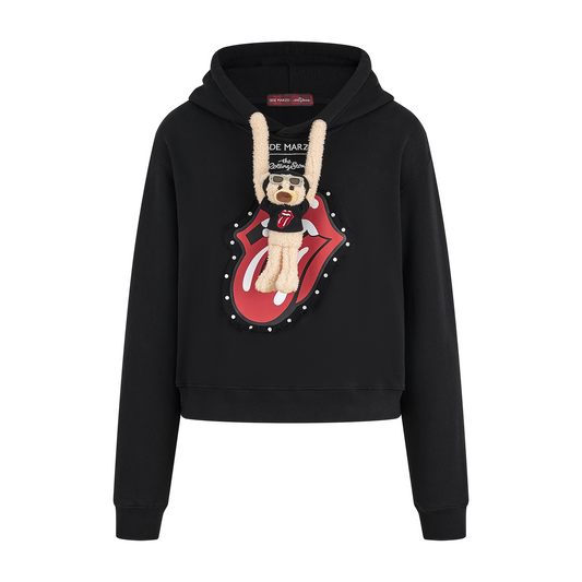 13DE MARZO Rolling Stones Bear Cropped Hoodie Black