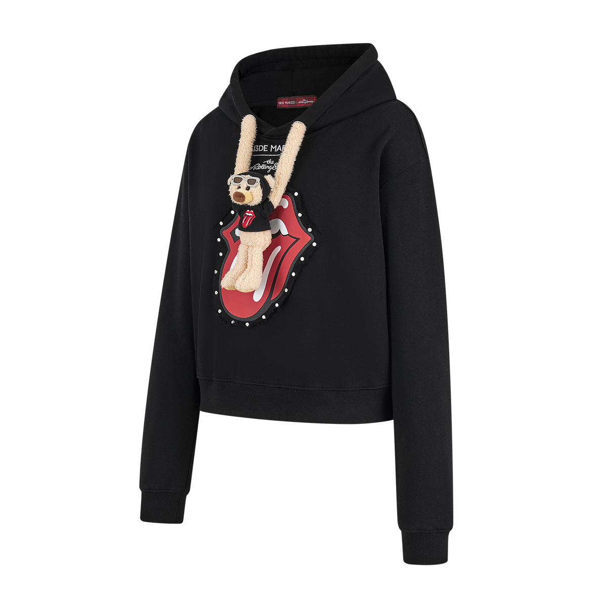 13DE MARZO Rolling Stones Bear Cropped Hoodie Black
