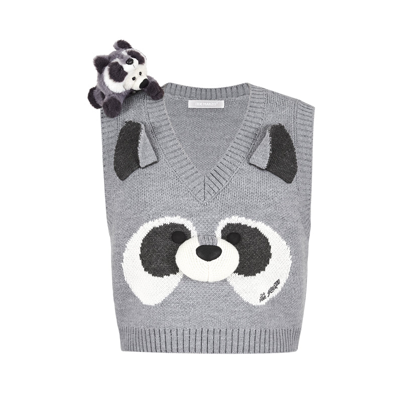 13DE MARZO Raccoon Bear Knitted Vest Grey