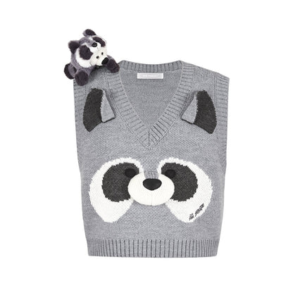 13DE MARZO Raccoon Bear Knitted Vest Grey
