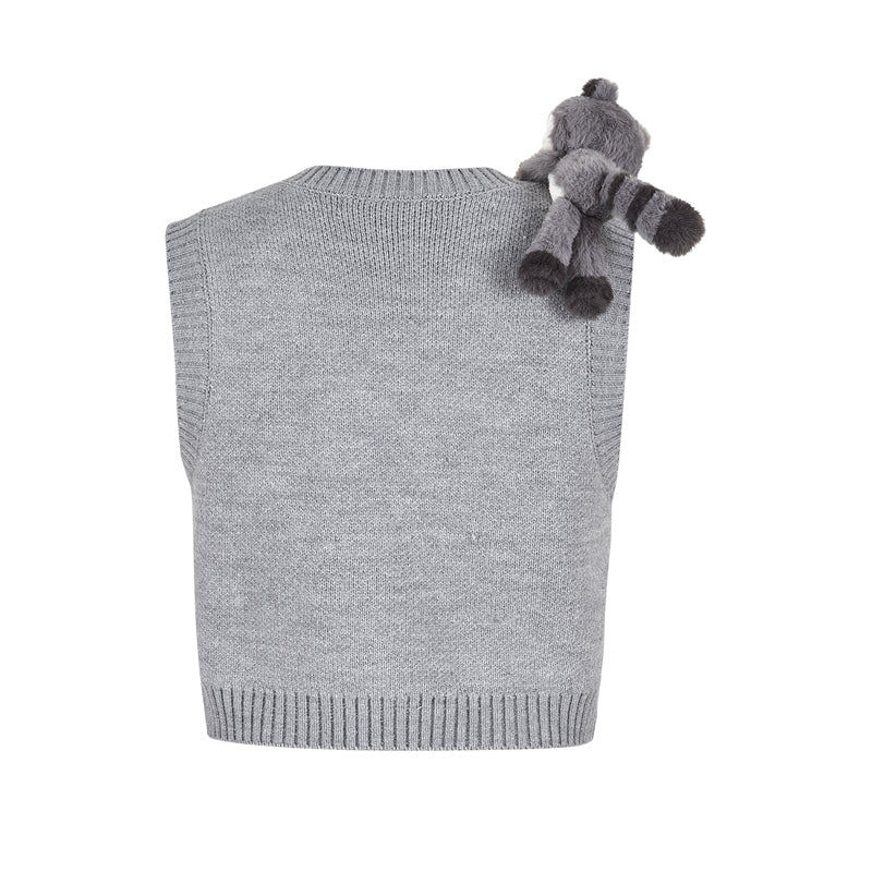 13DE MARZO Raccoon Bear Knitted Vest Grey