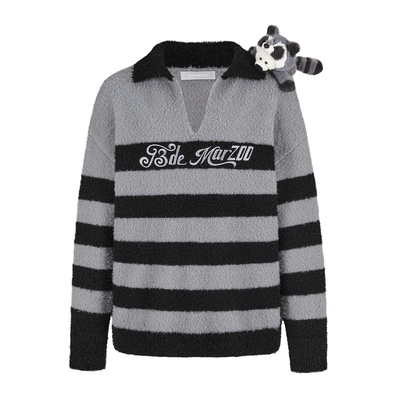 13DE MARZO Raccoon Bear Striped Sweater Gray