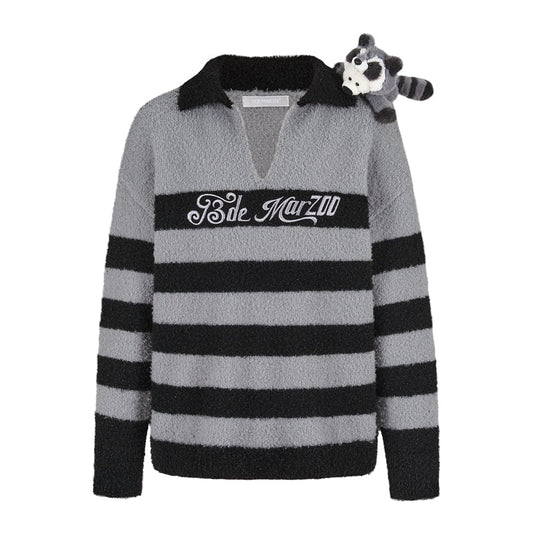 13DE MARZO Raccoon Bear Striped Sweater Gray