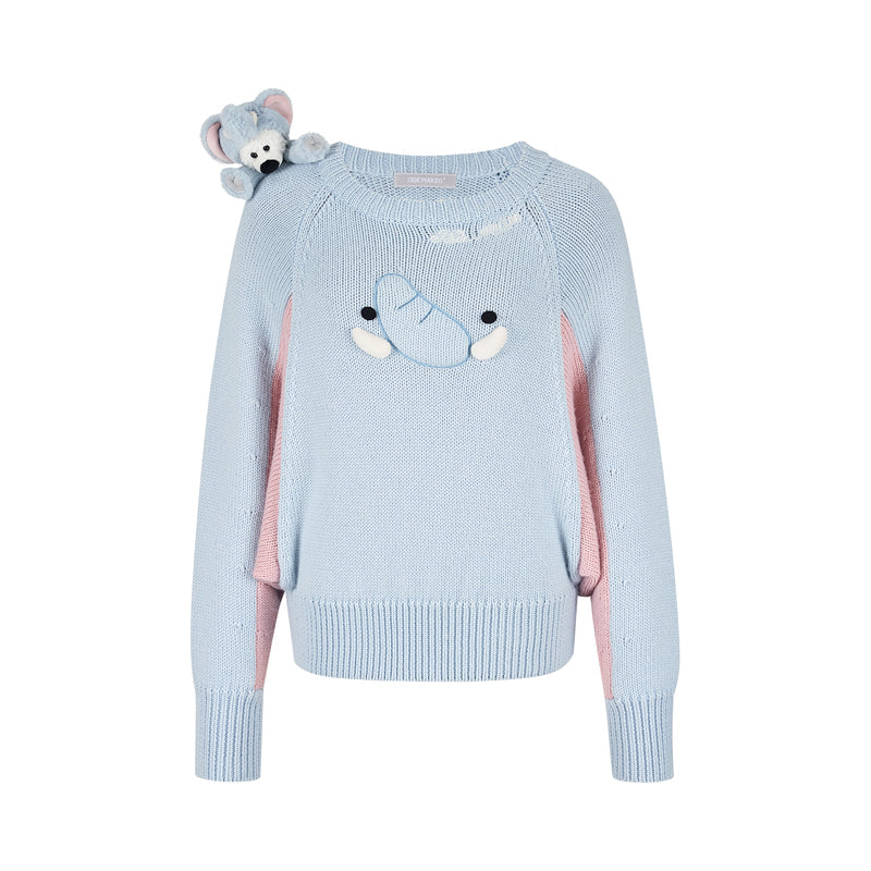 13DE MARZO Elephant Bear Batwing Sweater Blue