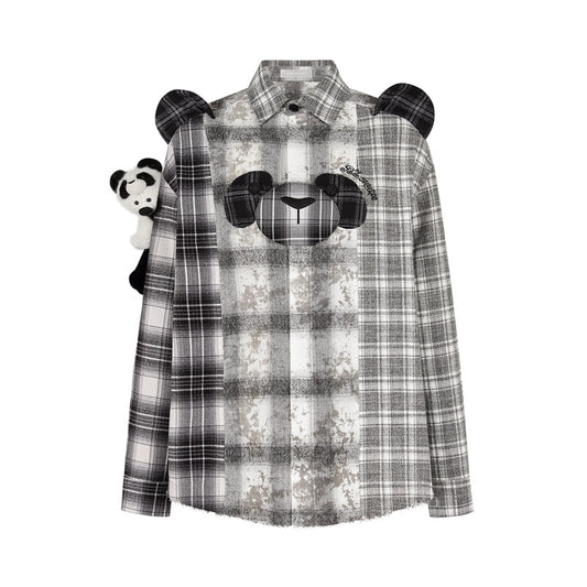 13DE MARZO Panda Bear Checkered Shirt Black