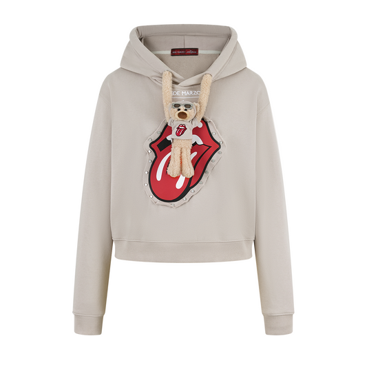 13DE MARZO Rolling Stones Bear Cropped Hoodie Khaki