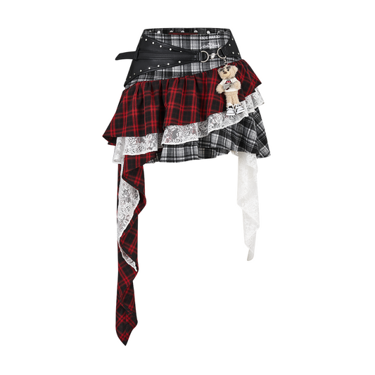 13DE MARZO Rolling Stones Asymmetrical Lace Skirt Red