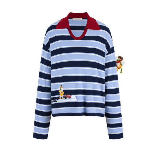 13DE MARZO Snow Bear Polo Stripe Knit Top Blue