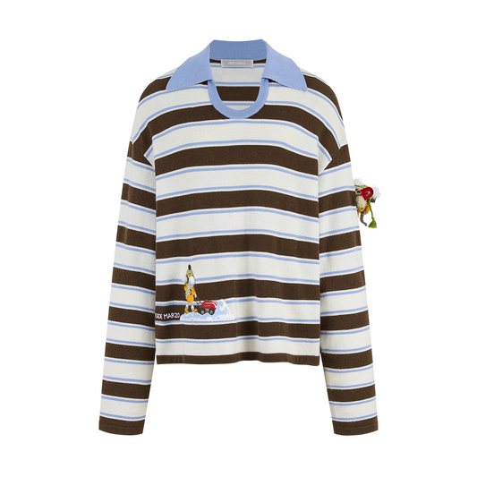13DE MARZO Snow Bear Polo Stripe Knit Top Brown