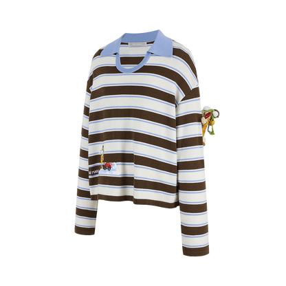 13DE MARZO Snow Bear Polo Stripe Knit Top Brown