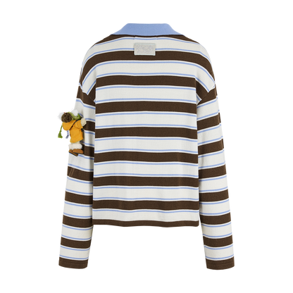 13DE MARZO Snow Bear Polo Stripe Knit Top Brown