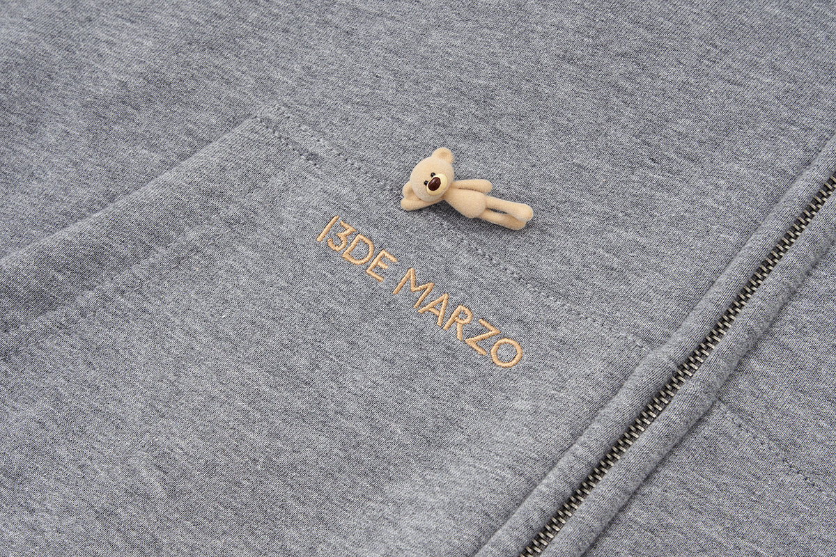 13DE MARZO All-Over Flocked Bear Zipper Hoodie Grey