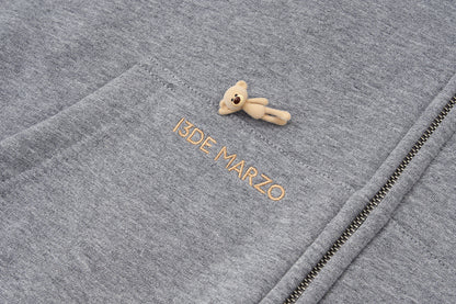 13DE MARZO All-Over Flocked Bear Zipper Hoodie Grey