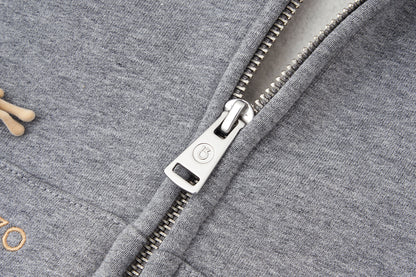 13DE MARZO All-Over Flocked Bear Zipper Hoodie Grey