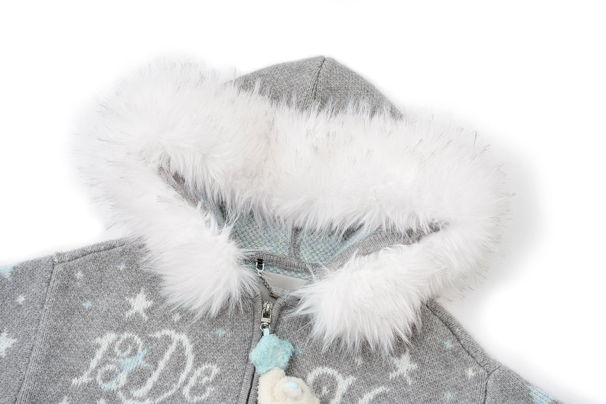 13DE MARZO Fair Isle Collar Zip Hoodie Grey