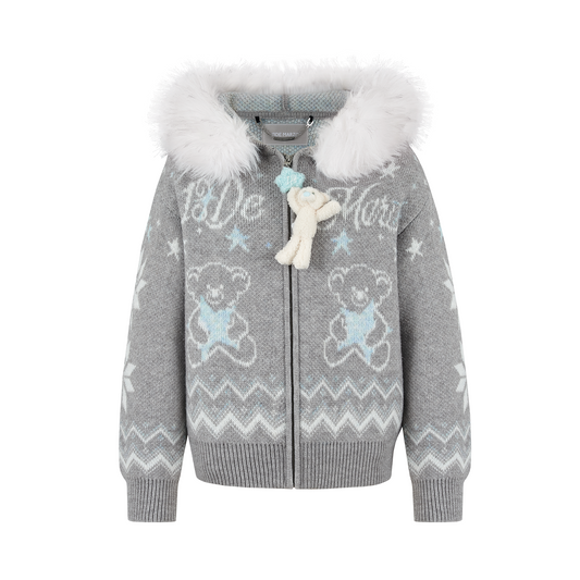 13DE MARZO Fair Isle Collar Zip Hoodie Grey
