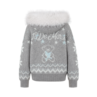 13DE MARZO Fair Isle Collar Zip Hoodie Grey