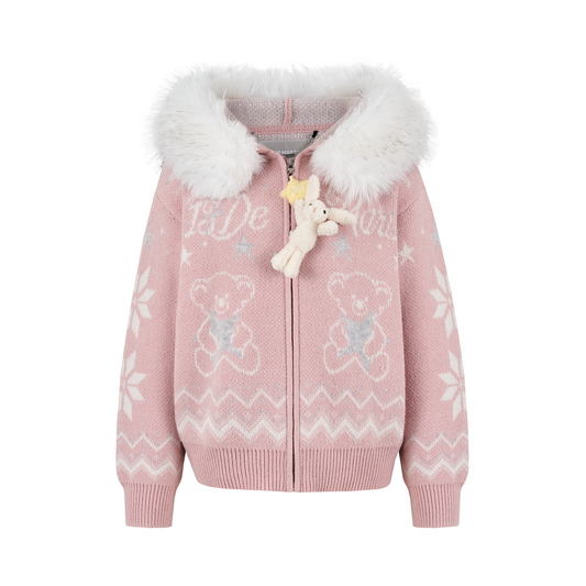13DE MARZO Fair Isle Collar Zip Hoodie Pink
