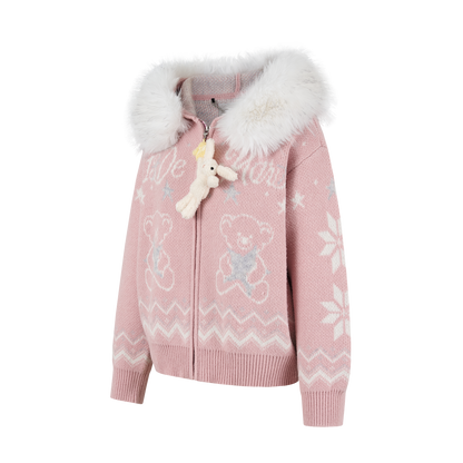 13DE MARZO Fair Isle Collar Zip Hoodie Pink