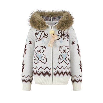 13DE MARZO Fair Isle Collar Zip Hoodie Beige